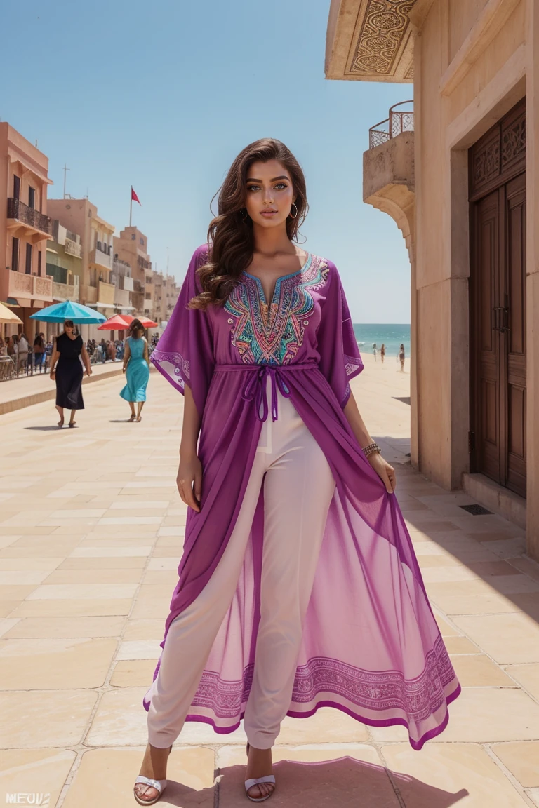 Instagram-Models posieren in corniche of Casablanca, in colorful futuristic kaftan, full entire body, beautiful detailed eyes, beautifully detailed lips, extremely detailed eyes and face, kurzes, welliges rosa Haar ((best qulaity)), ((Meisterwerk)), (detailliert), perfektes Gesicht, full entire body