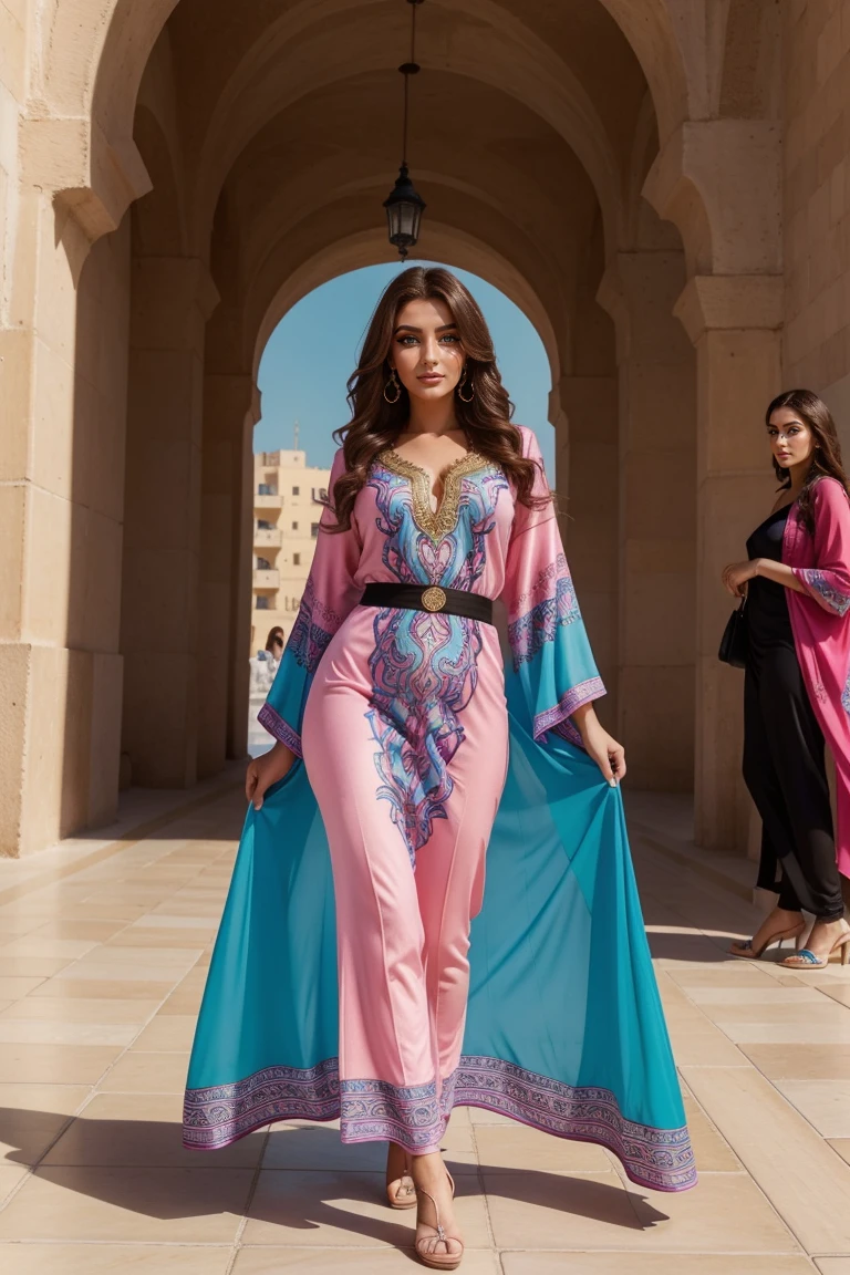 Instagram-Models posieren in corniche of Casablanca, in colorful futuristic kaftan, full entire body, beautiful detailed eyes, beautifully detailed lips, extremely detailed eyes and face, kurzes, welliges rosa Haar ((best qulaity)), ((Meisterwerk)), (detailliert), perfektes Gesicht, full entire body