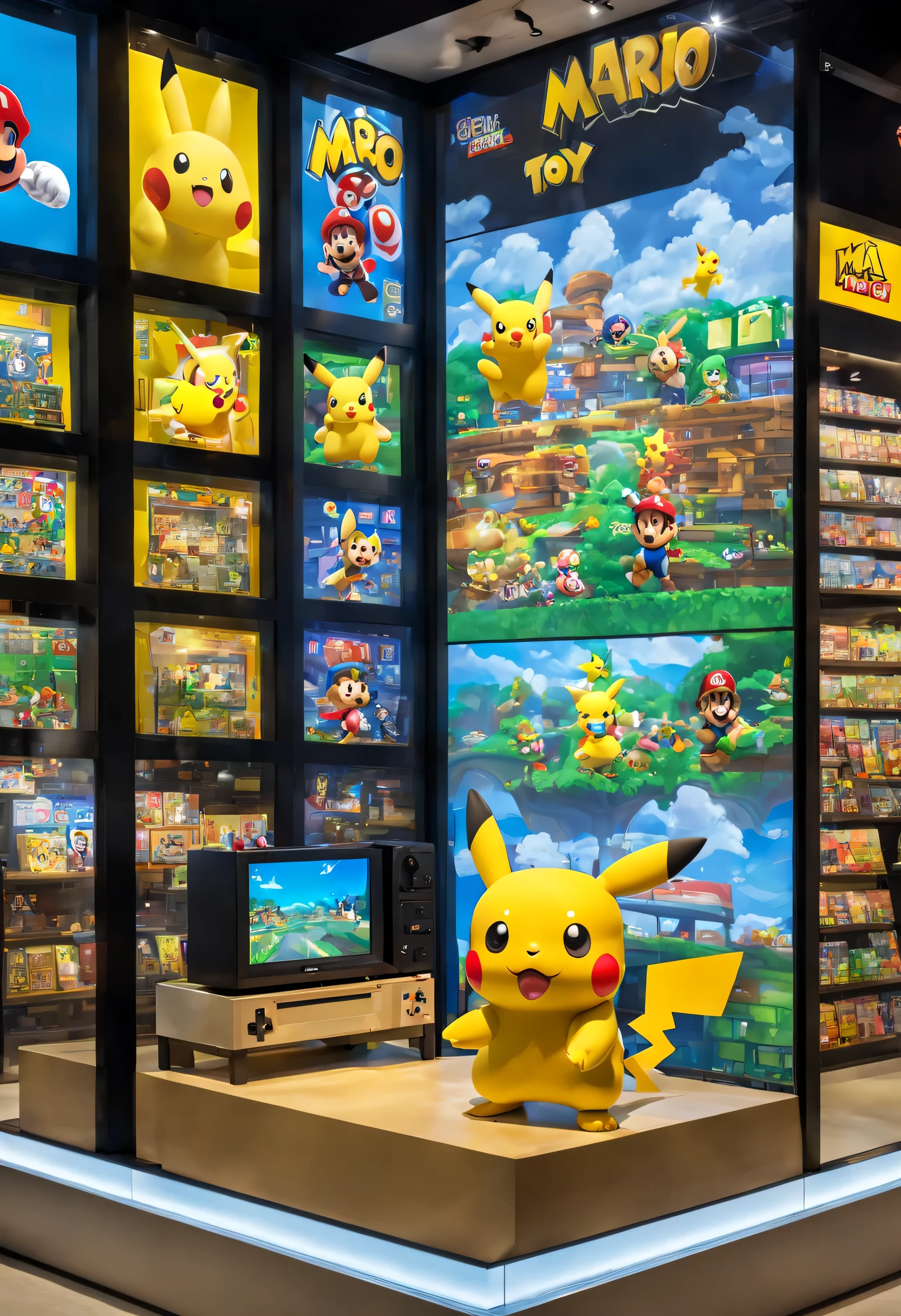 toy store window display, Game screen displayed on monitor, game machine, handheld game machine, chibi figures, Mario, Pikachu, (best configuration), (masterpiece), (highest quality), (Ultra high detail)
