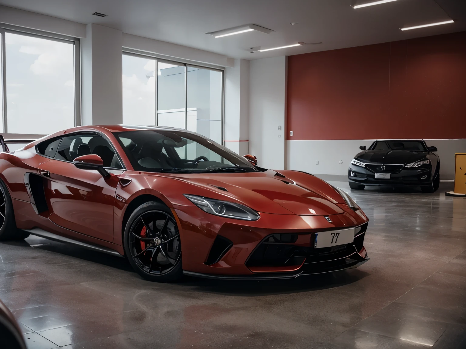 car, sport car, luxury, red color, Parked in a car showroom, no one, 8k quality, car fogus, corner view, far fov, masterpiece