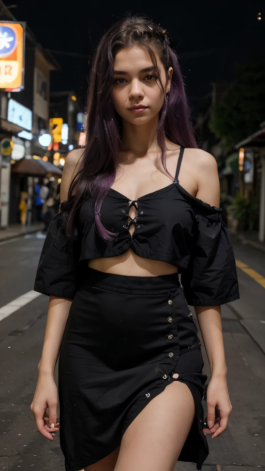 bonita, menina, 25 anos, Cabelo absurdamente longos, cabelo pintado todo de roxo, com um vestido longo de cor preto, roupas pretas, mulher japonesa, dentro de um cruzeiro, ambiente de noite, apaixonada, realista.