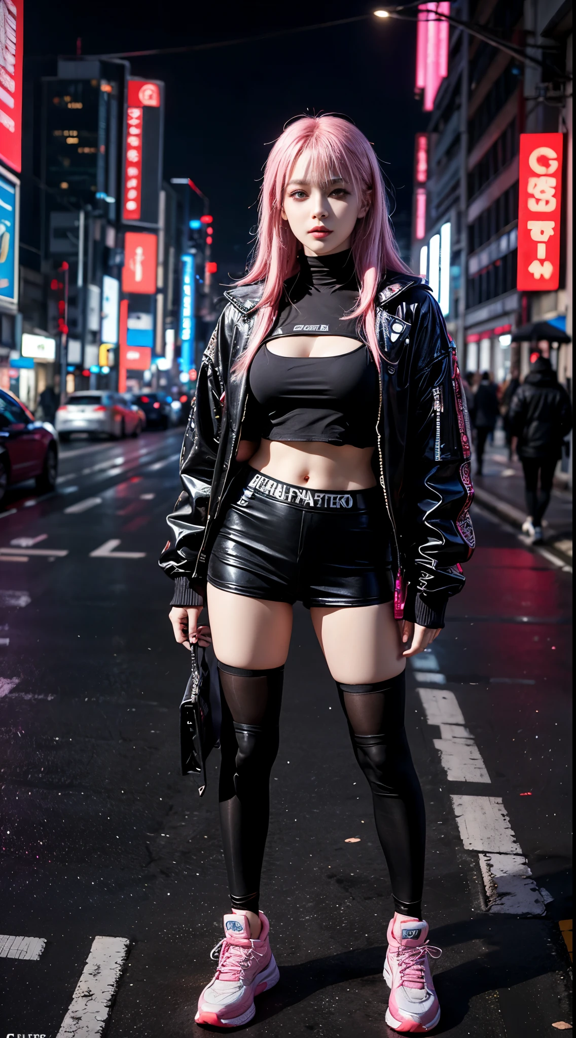 Anime girl posing on city street，long pink hair，Beautiful eyes，，vein punk style，cyberpunk streetwear，Female Cyberpunk Anime Girl，cyberpunk anime girl，Cyberpunk fashion clothing，Cyberpunk Fashion Clothinodel girl with cyborg style，cyberpunk style，cyberpunk style colors，cyberpunkoutfit