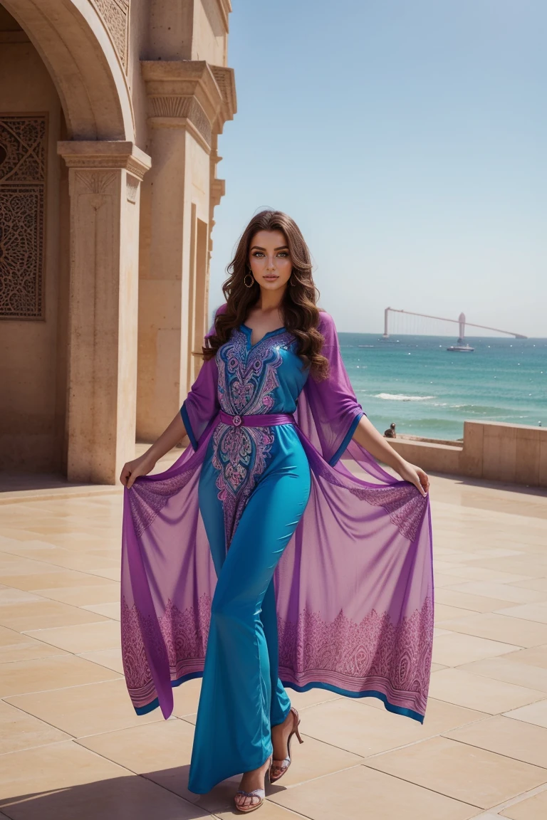 Instagram-Models posieren in corniche of Casablanca, in colorful futuristic kaftan, full entire body, beautiful detailed eyes, beautifully detailed lips, extremely detailed eyes and face, kurzes, welliges rosa Haar ((best qulaity)), ((Meisterwerk)), (detailliert), perfektes Gesicht, full entire body