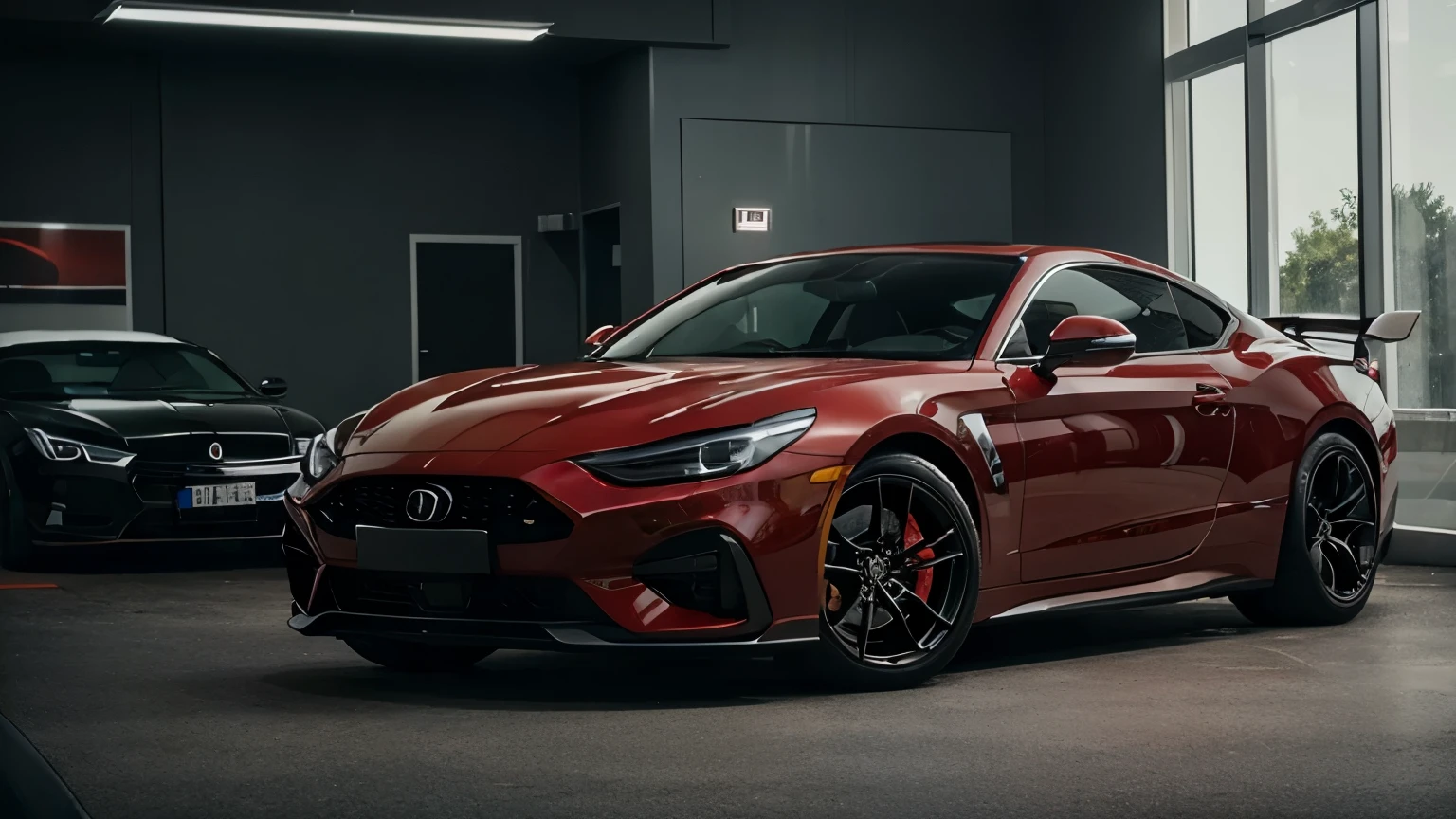 car, sport car, luxury, red color, Parked in a car showroom, no one, 8k quality, car fogus, corner view, far fov, masterpiece