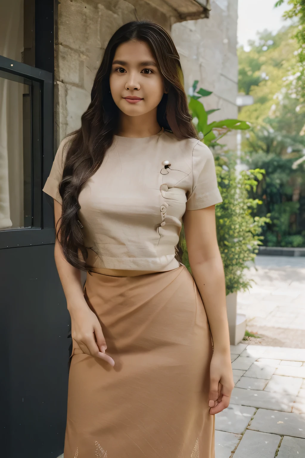 highly detailed illustration, best quality, masterpiece, 1 girl, long hair, v shape face, sunlight, acmm ss outfit, wearing acmm top, black acmm top, short sleeves, wearing acmm long skirt, bright orange acmm long skirt, printed skirt, field background with small wooden house,8k resolution 