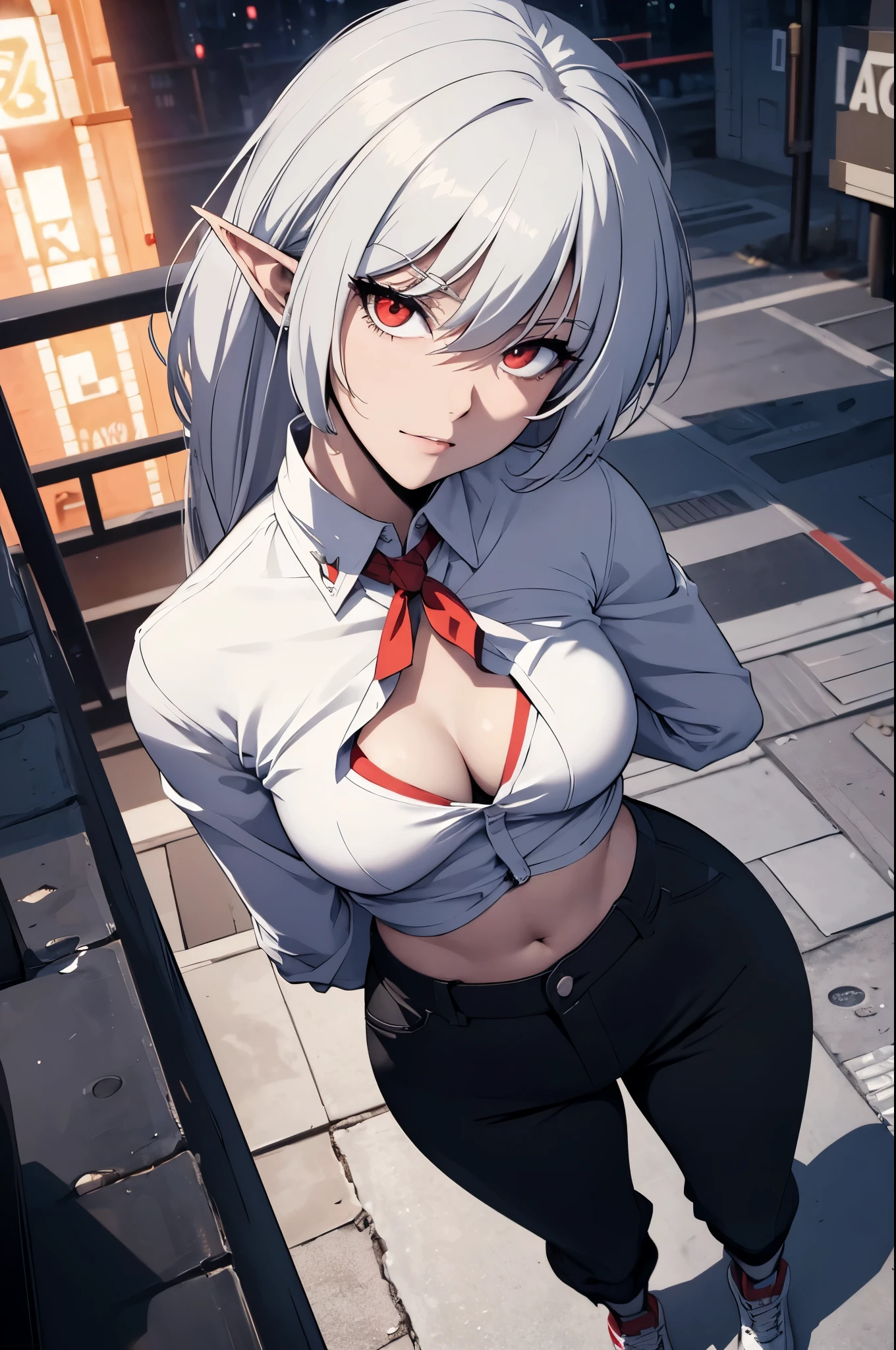 alice,vampire,grey hair, long hair, red eyes, pointy ears, small breasts,19 Sex, hooligan, waist, legsupms, buttocks, pectorals, Camera from above, Frame from above, the night, Lights, looks at the viewer, ssmile, grin, criminal, laughting, shirt unbuttoned, handsome body(Perfect Anatomy 1.1), medium chest size, bare breasts, madwoman, white shirt, black pant, Tucked-up trousers, red sneakers, vulgar, Erotica, half naked, beautiful breasts, waist, sexy body, hight resolution, 1girl, 独奏, hairlong,, dangerous,vivid eyes, Odin, Mesmerizing eyes,Confident,superior, naughty,  Cool anime 8K, Clean and detailed anime art, 4K Manga Wallpapers, Подробный портрет Anime Girl, Anime 4K Style, Anime Art Wallpapers 4K, Anime Art Wallpaper 4K Masterpiece, Gorgeous, Best Quality,
