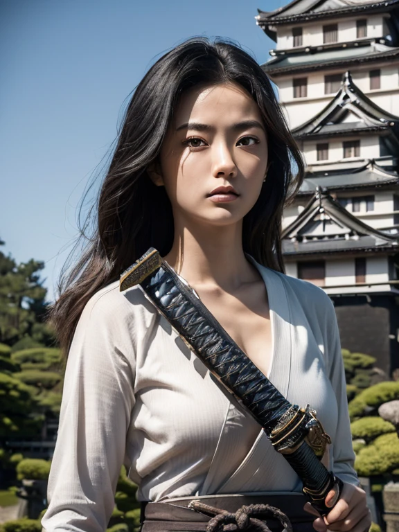 extremely detailed CG 32K Unity wallpaper, (raw photography, realistic:1.2), (professional photo, photorealistic:1.3), professional lighting, depth of filed, sharp focus, ultra high res, dynamic angle, (perfect anatomy, from front:1.5), realistic skin texture, intricately detailed face, 1 girl, Japanese teen, 15 years old, ((female warrior:1.5)), solo, looking at viewer, (cowboy shot:1.1), black hair, ponytail, finely detailed skin, oil, sweat, (bright eyes:1.3), realistic eyes, brown eyes, highly detailed nose, (tall nose:1.4), highly detailed lips, (slim and round outline of face:1.2), expressionless, ((samurai armor:1.4)), (((holding a katana, fighting enemy:1.5))), ((slender, muscular:1.3)), ((beautiful breast:1.5)), perfect body proportion, (((medieval era in Japan:1.4))), (((outdoor, battlefield, Japanese castle:1.3)))