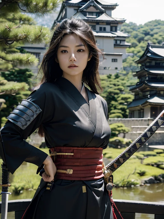 extremely detailed CG 32K Unity wallpaper, (raw photography, realistic:1.2), (professional photo, photorealistic:1.3), professional lighting, depth of filed, sharp focus, ultra high res, dynamic angle, (perfect anatomy, from front:1.5), realistic skin texture, intricately detailed face, 1 girl, Japanese teen, 15 years old, ((female warrior:1.5)), solo, looking at viewer, (cowboy shot:1.1), black hair, ponytail, finely detailed skin, oil, sweat, (bright eyes:1.3), realistic eyes, brown eyes, highly detailed nose, (tall nose:1.4), highly detailed lips, (slim and round outline of face:1.2), expressionless, ((samurai armor:1.4)), (((holding a katana, fighting enemy:1.5))), ((slender, muscular:1.3)), ((beautiful breast:1.5)), perfect body proportion, (((medieval era in Japan:1.4))), (((outdoor, battlefield, Japanese castle:1.3)))