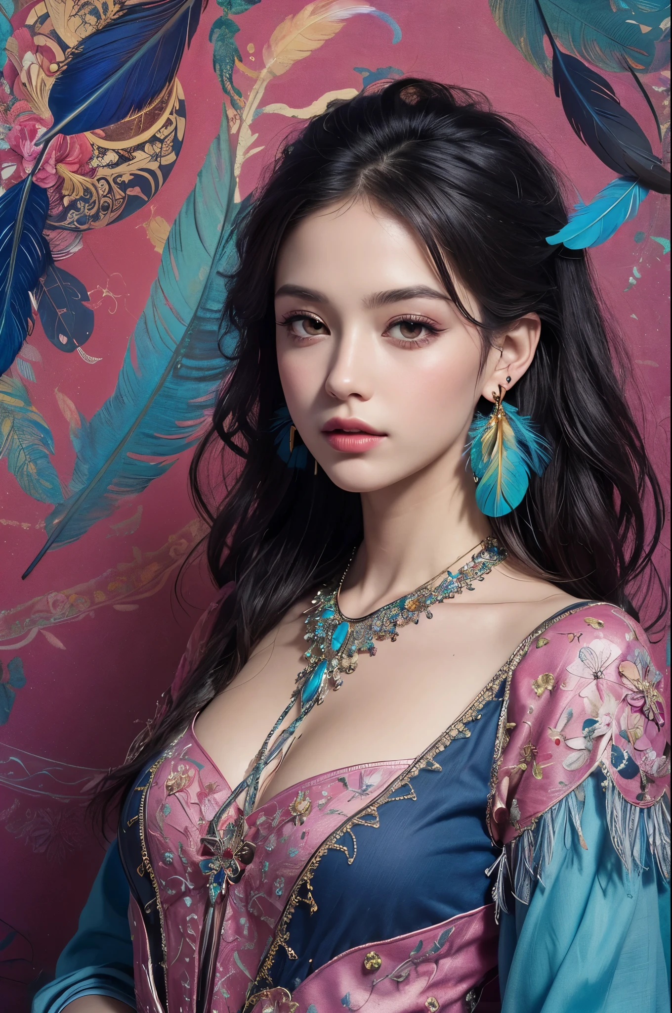 (masterpiece, top quality, best quality, official art, Beautiful and beautiful:1.2), (1 girl:1.3), smiling, Very detailed,(fractal art:1.1),(rich and colorful:1.1)(flowers:1.3),most detailed,(Zentangle:1.2), (abstract background:1.3), (shiny skin), (Many colors:1.4), ,(earrings), (feather:1.5),