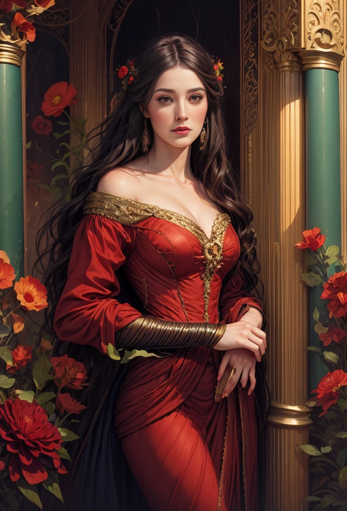 a close-up of a woman in a red dress standing in a garden, inspirado em Magali Villeneuve, inspirado em Edmund Leighton, Magali Villeneuve', obra de arte! retrato de arwen, pintura digital renascentista, capa de romance, graphic artist Magali Villeneuve, fantasy genre portrait, artistic style tom bagshaw, senhora de armadura vermelha