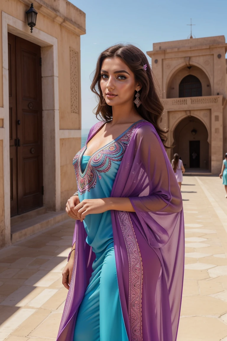 Instagram-Models posieren in corniche of Casablanca, in colorful futuristic kaftan dress, full entire body, beautiful detailed eyes, beautifully detailed lips, extremely detailed eyes and face, kurzes, welliges rosa Haar ((best qulaity)), ((Meisterwerk)), (detailliert), perfektes Gesicht, full entire body