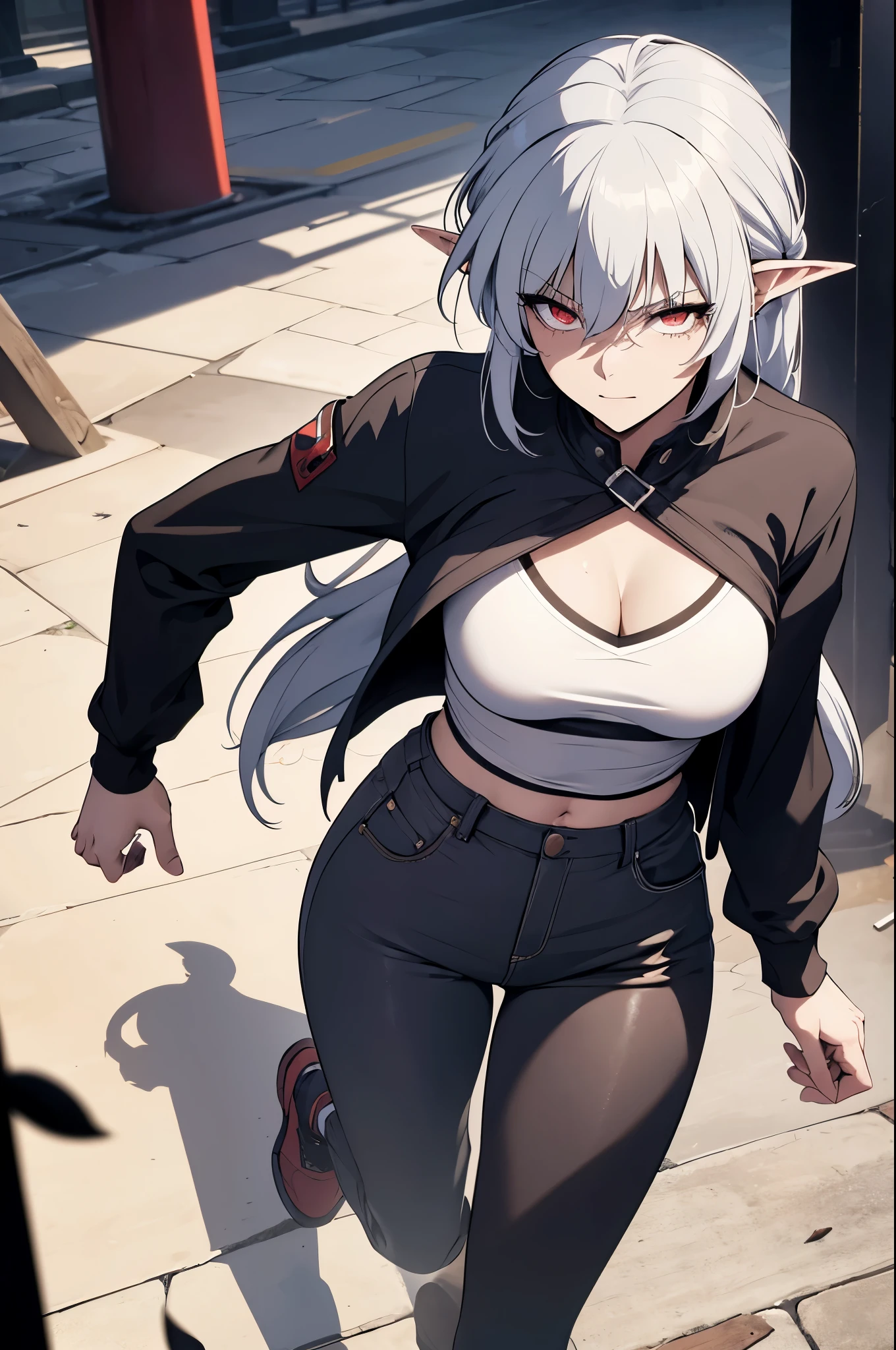 alice,vampire,grey hair, long hair, red eyes, pointy ears, small breasts,19 Sex, hooligan, waist, legsupms, buttocks, pectorals, Camera from above, Frame from above, the night, Lights, looks at the viewer, ssmile, grin, criminal, laughting, shirt unbuttoned, handsome body(Perfect Anatomy 1.1), medium chest size, bare breasts, madwoman, white shirt, black pant, Tucked-up trousers, red sneakers, vulgar, Erotica, half naked, beautiful breasts, waist, sexy body, hight resolution, 1girl, 独奏, hairlong,, dangerous,vivid eyes, Odin, Mesmerizing eyes,Confident,superior, naughty,  Cool anime 8K, Clean and detailed anime art, 4K Manga Wallpapers, Подробный портрет Anime Girl, Anime 4K Style, Anime Art Wallpapers 4K, Anime Art Wallpaper 4K Masterpiece, Gorgeous, Best Quality,
