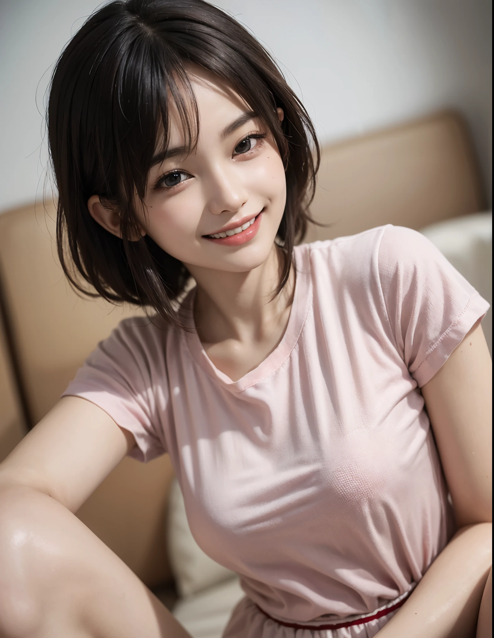 best quality, muste piece, ultra high resolution, (It&#39;s photorealistic:1.4), Raw photo, 1 girl, K deｰPOP idol, short hair, slender body,adidas jersey,running,runningパンツ,Above the waist、detailed eyes,(realistic eyes),delicate face,realsK dein,detailed hair,Detailed sK dein,pretty face,((smiling))、((Laughter))、((You look happy, smile)),