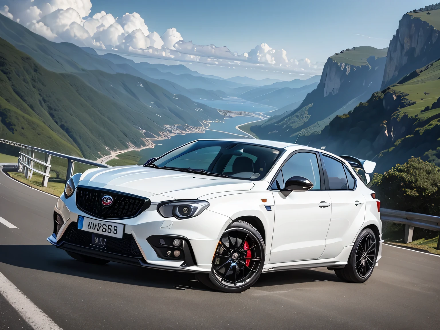 ultra high resolution、super high quality、8K、Wonderful expression with attention to detail、early summer coastline、A white sports car stopped on a mountain pass、gun delta integral WRCspecification
