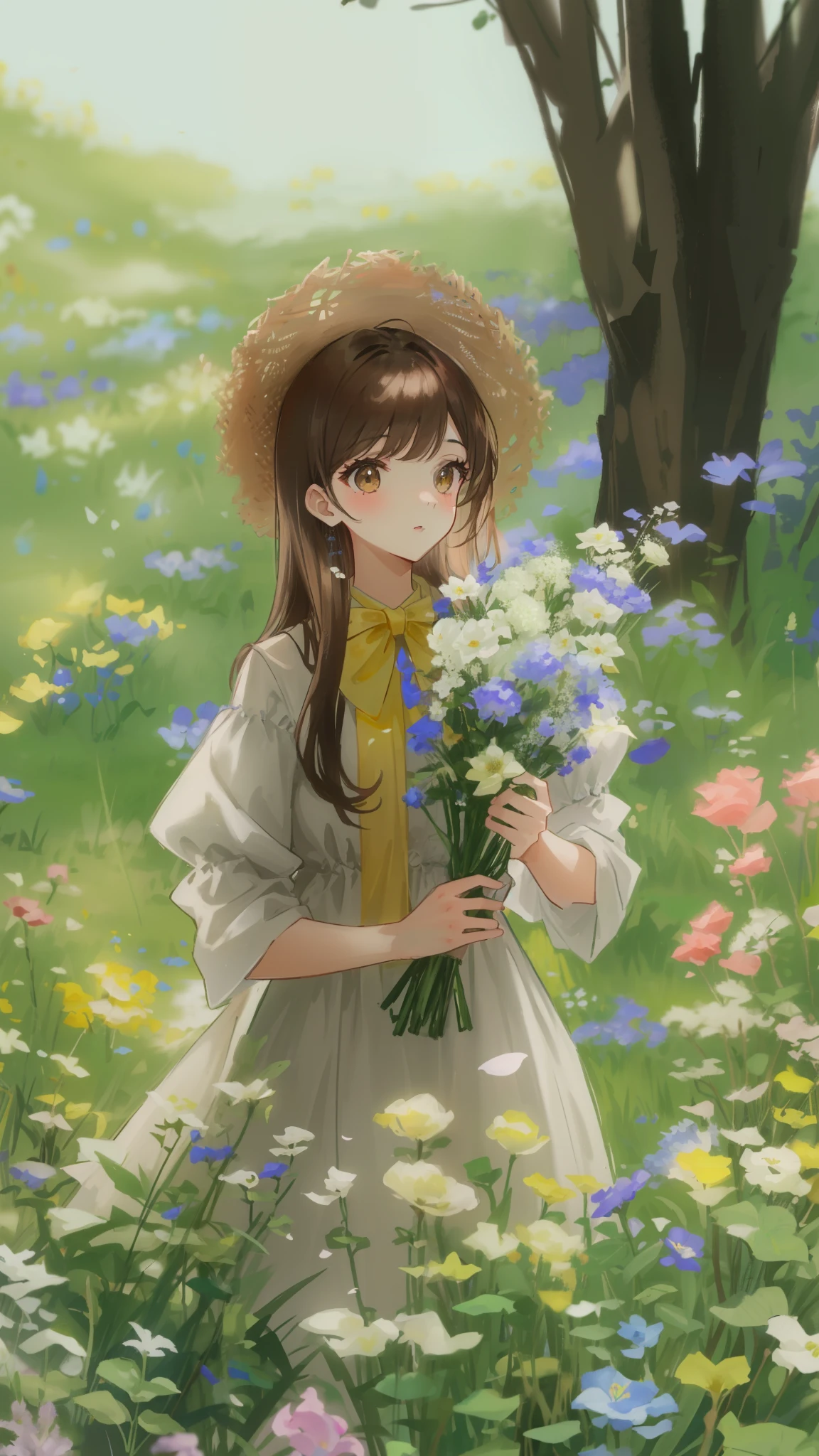 arafed woman in a hat and dress holding a bunch of flowers, (brown long hair swept bangs:1.3), with flowers, girl in flowers, in a field with flowers, girl in a flower field, girl frontal in a flower field, sakimichan, profile pic, ulzzang, girl standing in flower field, spring day, girl standing in a flower field, very beautiful girl