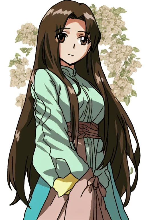 A beautiful woman with long brown hair is standing in green clothes。