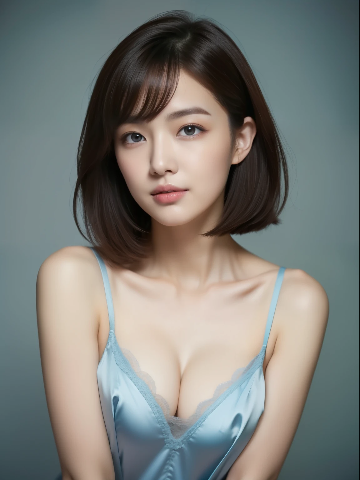 beautiful 26 year old woman。She is wearing a tight camisole of light blue-gray satin fabric。Black lace on chest and hem.。Please smile kindly。her dark brown hair 、Her hair is a straight midium bob。High resolution、masterpiece、highest quality、head w:1.4、((Hasselblad Photos))、fine skin、fine knit、(movie lighting)、clavicle