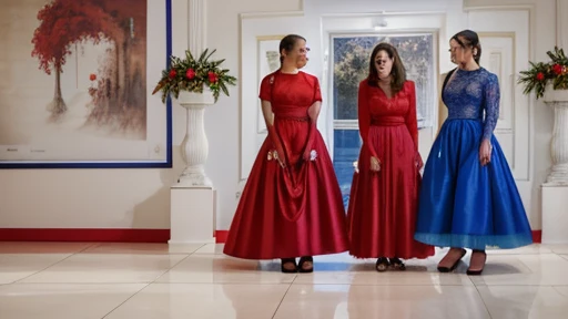 there are two women standing next to each other in a room, red and blue garments, in long red or blue dresses, high quality upload, idian dress, profile image, very very low quality picture, profile pic, wearing an elegant dress, 1614572159, indoor picture, modeling for dulce and gabanna, high quality picture