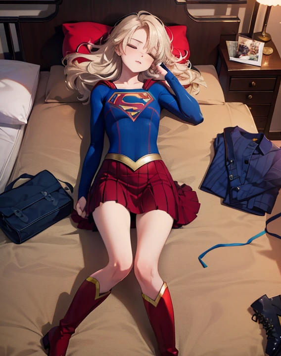 ((highest quality, masterpiece, disorganized) ，supergirl，sleeping face up in bed，Crab crotch，please show me your boots , ************,long hair, hair with volume, hair loss, expressive eyes,Blue Bodysuit，red skirt，red heel boots，view of other buildings ,defeat，