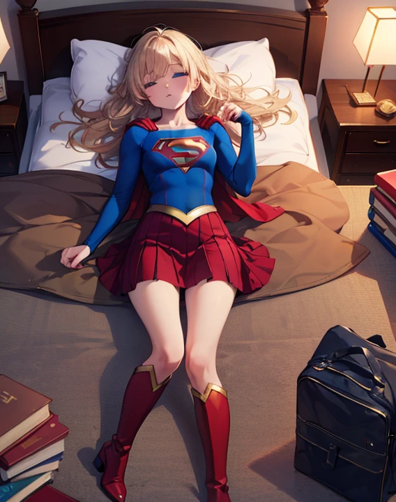 ((highest quality, masterpiece, disorganized) ，supergirl，sleeping face up in bed，Crab crotch，please show me your boots , 17 years old,long hair, hair with volume, hair loss, expressive eyes,Blue Bodysuit，red skirt，red heel boots，view of other buildings ,defeat，