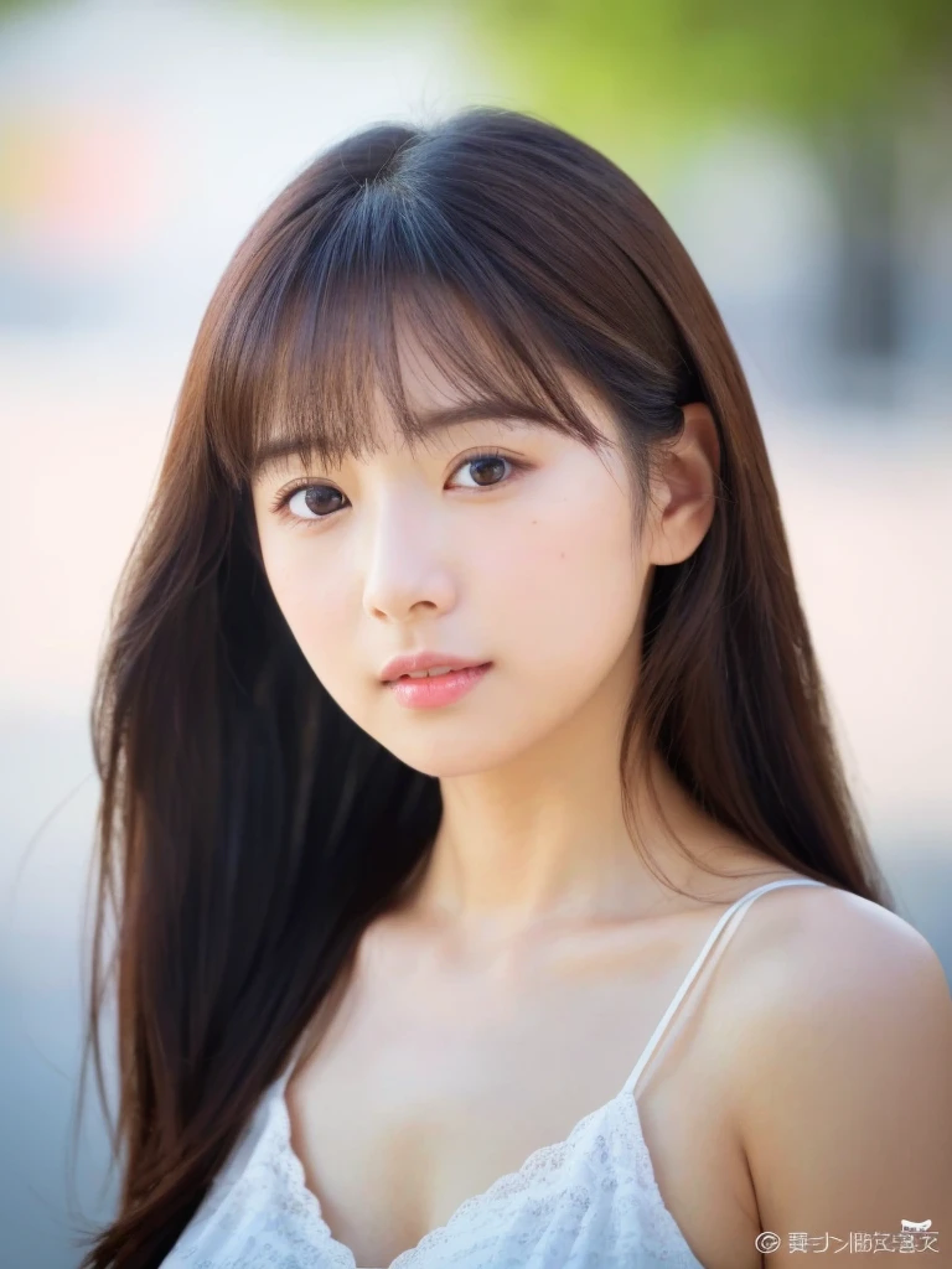 ((cute日本の女の子、beautiful japanese girl、1 girl、clear、19 years old、ponytail、Highly detailed face and skin texture、refinement、super detailed face、highly detailed eyes、Lee Hong、blush、cheek、ピンクのcheekを塗ったcheek、close-up of woman、Breast augmentation、frontを向いている顔、frontを向いている体、look at the camera、front、cute、smooth white skin、Transparent skin texture、))、(dark brown hair、bangs)、beautiful woman with perfect style：1.4、japanese model、young gravure idol、若いcuteグラビアアイドル、Realistic young gravure idol、refinementされたグラビアアイドル、((highest quality、8K、masterpiece:1.3、１photograph))、(4K、生photograph、highest quality)、(realistic、フォトrealistic:1.37)、Place someone on the other side of the screen、Natural light、upper body and head、