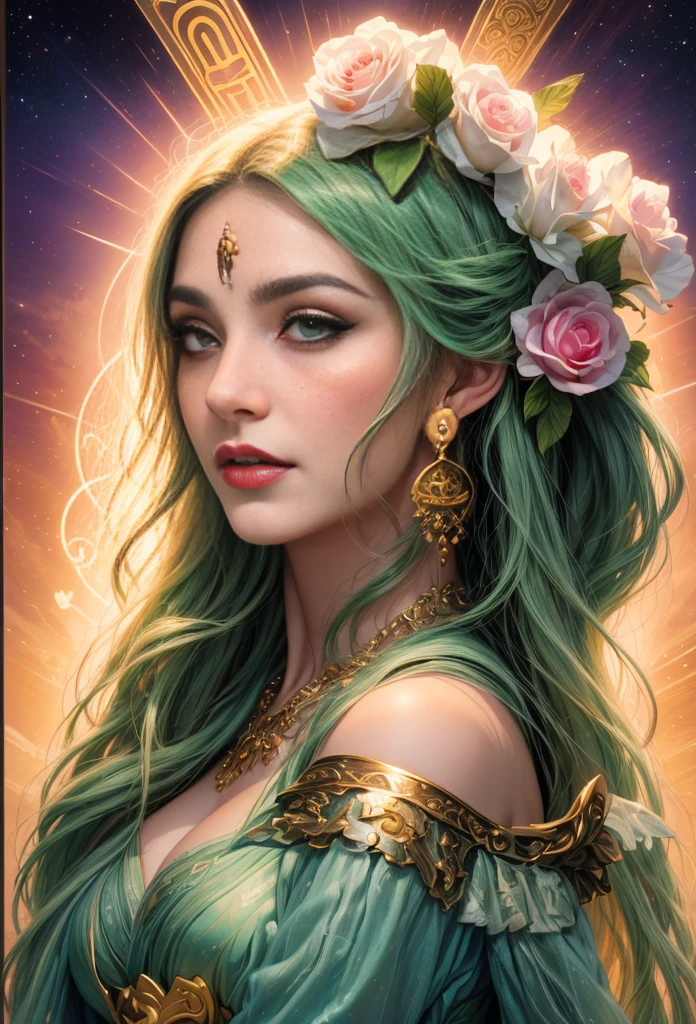 um retrato de(( uma mulher cigana )) cabelos longos negros e cacheados enfeitados com rosas, a mais bela das mulheres, olhos verdes sedutores, in high definition, em 8K, de 18 anos, Deusa do Mar, Deusa do Oceano, Luthien, arte de deusa, Deusa da mitologia grega, Deusa da Lua, Deusa do amor e da paz, deusa bonito, Mitologia da Deusa da Terra, The Mother Goddess, Um retrato impressionante de uma deusa, Frank Kelly Freas, Estilo Karol Bak, ((beautiful face)), Ultra Definition, melhor qualidade, 32k ultra , Ultra HD