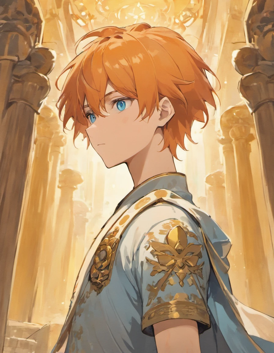 man, orange hair, blue eyes, looks into the frame, inside a temple with columns, very detailed background, shades of gold, Sun, sunlight, guy in cotton clothes