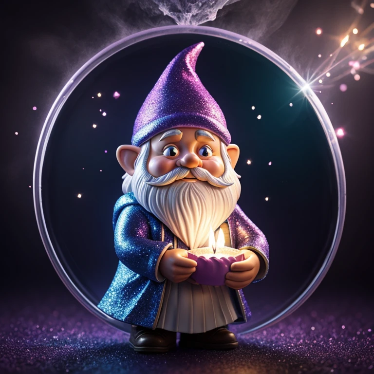 create a magical translucent transparent gnome, concept art, "Happy Birthday 15", a colourful glitter background with soft swirls of blue and purple coloured smoke emanating from the gnome., conceptual art, 3d render, photo, dark fantasy, vibrant