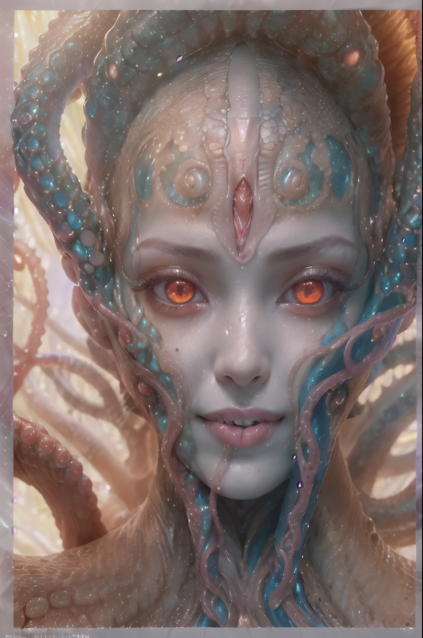 scary and sexy detailed art in color, Portrait, (beautiful and obscene female alien:1.4), (vulgarity1.5), (she has red eyes with no pupils:1.8), (Translucent skin:1.7),  (There is a female genital-like organ in the middle of the forehead:1.9), (The most beautiful face in the history of the universe:1.2),an evil gaze that seduces, (large mouth:1.1), (sharp teeth like a vampire:1.2), Full body portrait, (bio luminescent:1.5), (Smile wickedly:1.3),  (sexypose:1.5), alien, No humans, cells are fused, (Lots of translucent tentacles:1.3) extraterrestrial, cell, bio image, best quality, 8K,In 4K_quality, High freshness, Dramatic Lighting, masutepiece:1.5,cinematic quality, detail up, (exquisite details:1.2), high resolution, High freshness, drawing faithfully, (Thick eyebrows:1.2), Beautiful eyes with fine symmetry,(Highly detailed face and eyes:1.2), Intimate face, (Super detailed skin quality feeling:1.4), perfect anatomy,  (Beautiful toned body:1.5),  (Moist skin:1.2), not wearing makeup, (dark circles:1.1), long canines, cinematic drawing of characters, ultra high quality model, cinematic quality, detail up, (exquisite details:1.2), high resolution, High freshness, drawing faithfully, official art, Unity 8K Wall  , 8K Portrait, best quality, Very high resolution, ultra detailed artistic photography, midnight aura,  unreal engine 5, Ultra Sharp Focus, art by Amano Yoshitaka, ArtGerm, Roisch, intricate artwork, best quality, masterpiece, ultra high resolution, (photos realistic:1.4), ultra realistic realism, dream-like, nautilus, Creation of fantasy, Snail, Dream Snail, (biopunk nautilus:1.3),Thrilling color schemes, ultra realistic realism, seductively smiling, Blue tentacles,