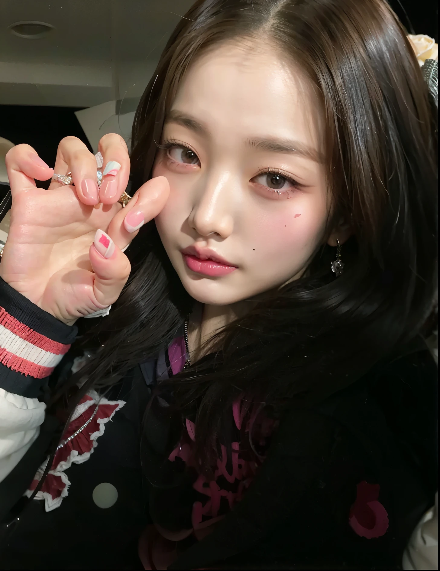 arafed girl with long black hair and a black jacket holding a pink nail polish, jossi of blackpink, portrait of jossi of blackpink, ulzzang, blackpink jennie, jinyoung shin, popular south korean makeup, jaeyeon nam, roseanne park of blackpink, wan adorable korean face, 👅 👅, popular korean makeup, lalisa manobal