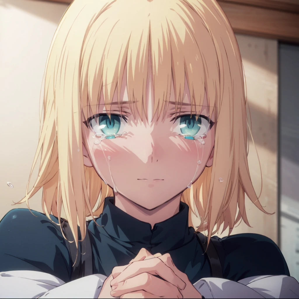 (looking at viewer, open eyes, alone, closeup face, typemoon, official art, ), solo, 1female, crying female, kitchen, embarrassed, hands on cheeks, cool face, front face,