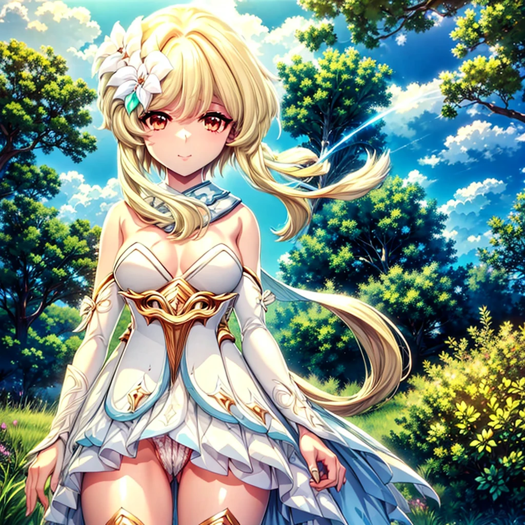 finest image, portrait, beautiful cute woman, amorous expression, lewd expression, ecstasy, orgasm, blonde braided bangs iridescent short hair, gold sparkling big eyes, red alluring moist big thick lips, medium breasts, slender, perfect proportion, long thin legs, navy blue and white girly ruffle dress, skirt lift, white panty, white knee high socks, thighs, background fantasy, a hill with a large tree full of fresh greenery, that emits fantastic light, light particles, light sparkles, petals, scatter gold and silver glitter and confetti, iridescent light particles, detailed and delicate depiction, professional lighting