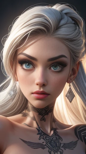 ((work of art)), ((best quality)), ((straight on view):1.6), (medium shot): 1.0), (hard lighting, volumetric lighting: 1.0). A woman, 26 years old, ((platinum_hair)), white, silver hair, long hair, dreadlocks, platinum eyebrows, ((platinum_hair):1.0), beautiful girl, ((perfect_face)), perfect facial proportions, suitable eye size, suitable nose shape, light_Green_eyes, fair skin, complexion pale, ((perfect_face):1.2), (perfect body: 1.0), tribal tattoo on the body. --ar: 0.4