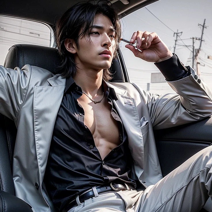 ((High quality)), ((masterpiece)), ((highly detailed)), perfect face, ((realistic)), ((man)), ((Asian)), black hair, comma hair style, on the car, ((handsome)), detailed eyes, beautiful detailed nose, realistic body, realistic light, comfortable exprssions, cute guy, sweat guy, cool guy, ((athletic body)), ((hot)), smoking