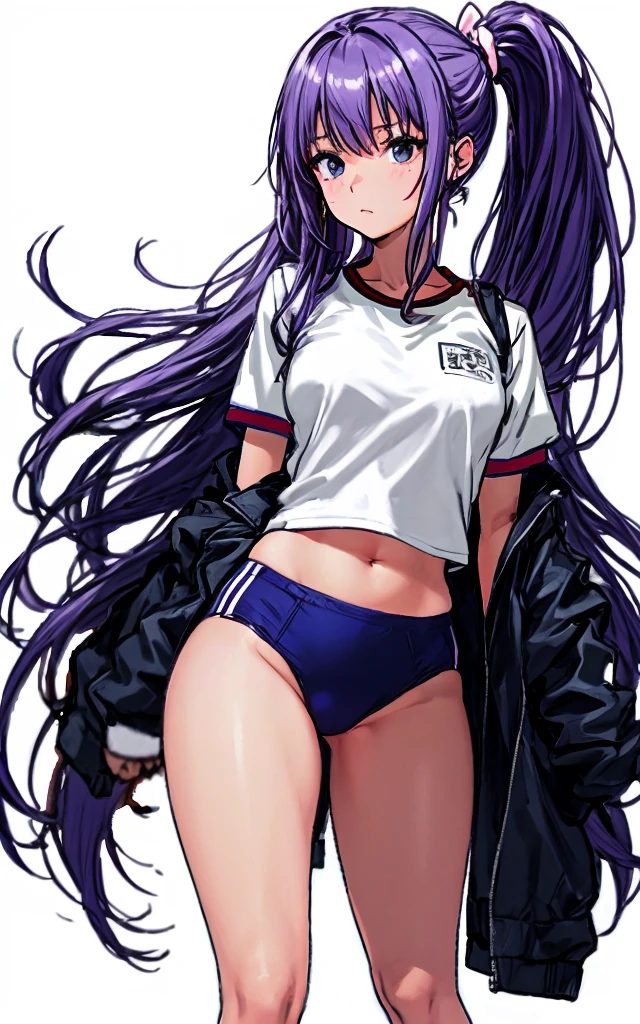 A beautiful woman with long wisteria purple hair in a ponytail that reaches to her shoulders and a light pink ribbon in the back, and a sharp face and beautiful legs, is wearing a white gym uniform.、I'm standing in the school hallway wearing dark blue bloomers shaped like panties.。