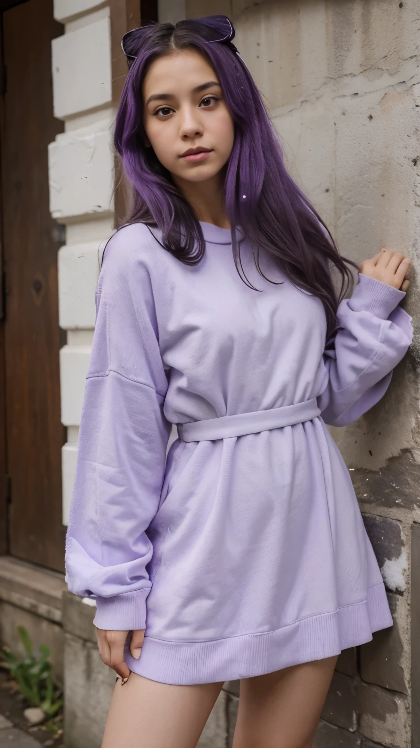bonita, menina, 23 anos, Cabelo absurdamente longos, cabelo pintado todo de roxo, com um vestido de frio de cor roxo, roupa de frio roxo, mulher japonesa, fundo de inverno com neve, ambiente numa noite de frio, apaixonada, realista.