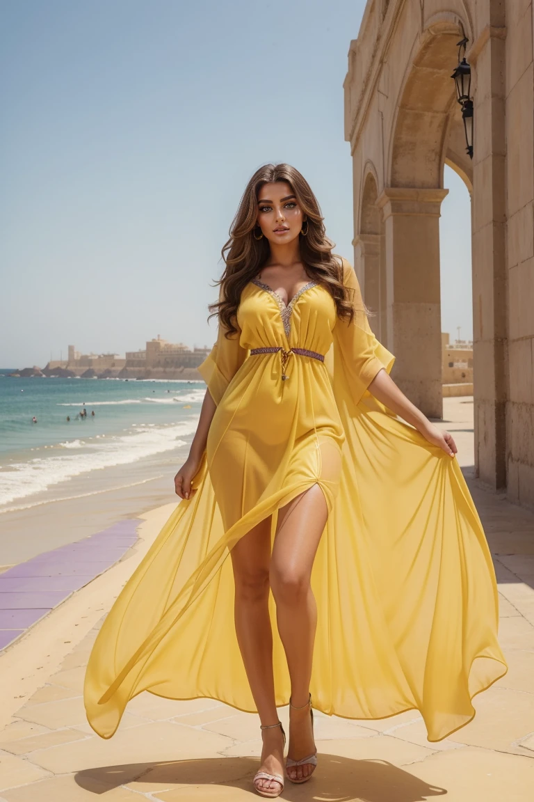 Instagram-Models posieren in corniche of Casablanca, in yellow and tinted purple futuristic kaftan, full entire body, beautiful detailed eyes, beautifully detailed lips, extremely detailed eyes and face, kurzes, welliges rosa Haar ((best qulaity)), ((Meisterwerk)), (detailliert), perfektes Gesicht, full entire body
