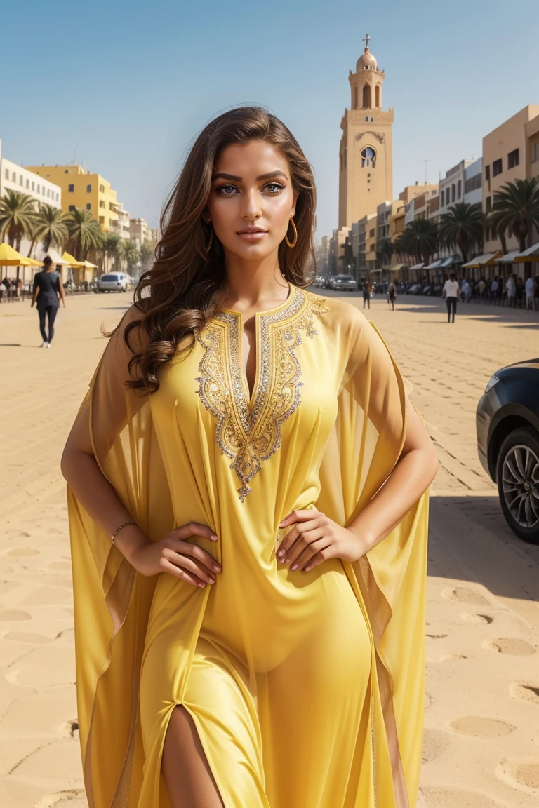 Instagram-Models posieren in corniche of Casablanca, in yellow and tinted purple futuristic kaftan, full entire body, beautiful detailed eyes, beautifully detailed lips, extremely detailed eyes and face, kurzes, welliges rosa Haar ((best qulaity)), ((Meisterwerk)), (detailliert), perfektes Gesicht, full entire body