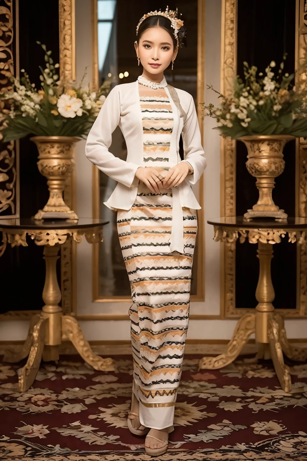 MMTD Burmese patterned traditional dress lady full body details