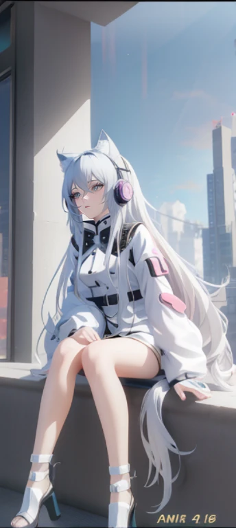 Anime girl with long white hair sitting on the windowsill in front of the window, anime style 4 k, Beautiful anime catwoman, 非常Beautiful anime catwoman孩, White Cat Girl, anime style. 8K, cat ears anime girl, cyberpunk anime girl, Future anime girl, Digital Cyberpunk Anime Art, anime long hair girl, Realistic anime 3D style,Yuzu