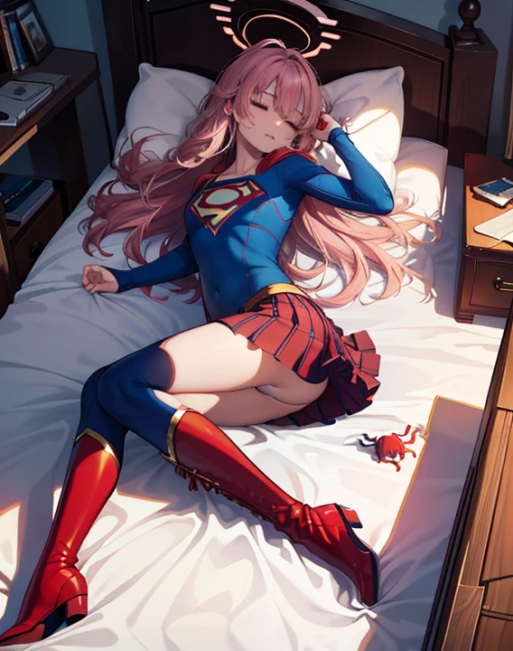 ((highest quality, masterpiece, disorganized) ,supergirl,sleeping face up in bed,Crab crotch,please show me your boots , ,long hair, hair with volume, hair loss, expressive eyes,Blue Bodysuit,red skirt,red heel boots,view of other buildings ,defeat,