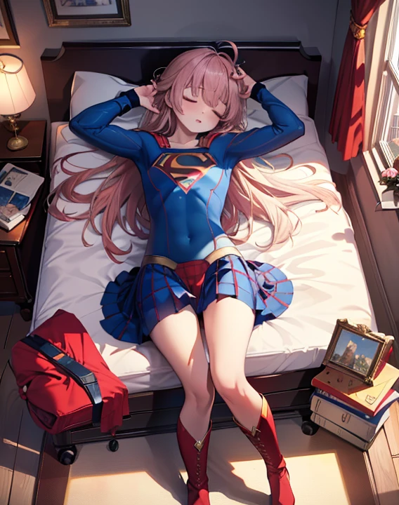 ((highest quality, masterpiece, disorganized) ，supergirl，sleeping face up in bed，Crab crotch，please show me your boots , 17 years old,long hair, hair with volume, hair loss, expressive eyes,Blue Bodysuit，red skirt，red heel boots，view of other buildings ,defeat，