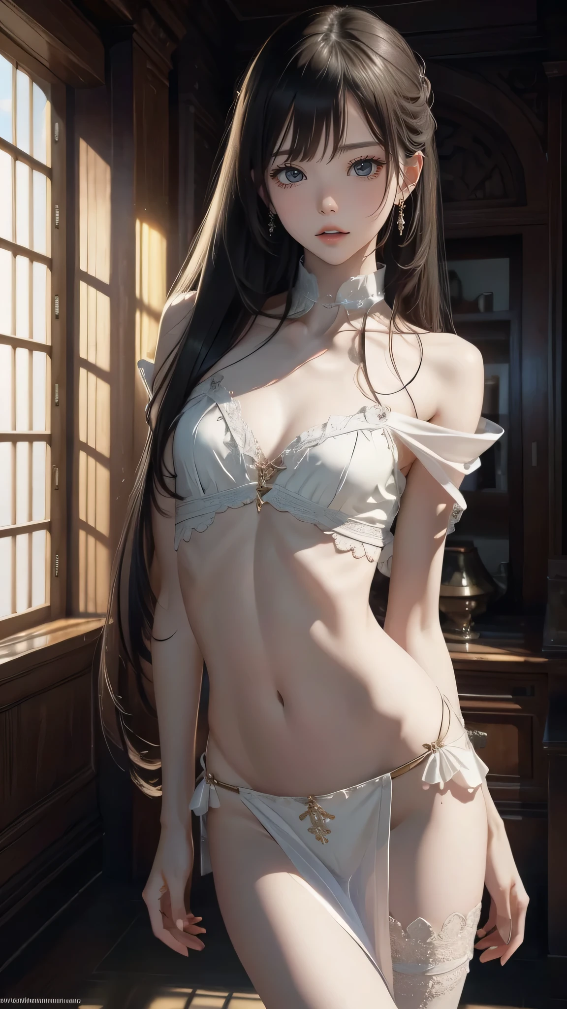 whole body,(random active pose),highly detailed skin,She is short,(Thin type:1.8),(small), beautiful breasts,(flat chest:1.8), white skin, pointed chest, erect nipples,(super thin hair:1.2), (super soft hair:1.2), (ultra straight hair:1.5),dull bangs, (movie-like scene, fantasy art, best image quality, hyperrealistic portrait, (8K), Super realistic, 最high quality, high quality, High resolution, fine texture, high detail, beautiful details, Detailed, Highly detailed CG, Detailedテクスチャー, realistic facial expression, masterpiece, before, dynamic, bold)