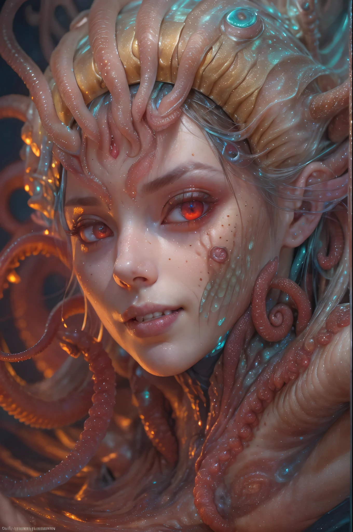 scary and sexy detailed art in color, Portrait, (beautiful and obscene female alien:1.4), (vulgarity1.5), (she has red eyes with no pupils:1.8), (Translucent skin:1.7), (There is a female genital-like organ in the middle of the forehead:1.9), (The most beautiful face in the history of the universe:1.2),an evil gaze that seduces, (large mouth:1.1), (sharp teeth like a vampire:1.2), Full body portrait, (bio luminescent:1.5), (Smile wickedly:1.3), (sexypose:1.5), alien, No humans, cells are fused, (Lots of translucent tentacles:1.3) extraterrestrial, cell, bio image, best quality, 8K,In 4K_quality, High freshness, Dramatic Lighting, masutepiece:1.5,cinematic quality, detail up, (exquisite details:1.2), high resolution, High freshness, drawing faithfully, (Thick eyebrows:1.2), Beautiful eyes with fine symmetry,(Highly detailed face and eyes:1.2), Intimate face, (Super detailed skin quality feeling:1.4), perfect anatomy, (Beautiful toned body:1.5), (Moist skin:1.2), not wearing makeup, (dark circles:1.1), long canines, cinematic drawing of characters, ultra high quality model, cinematic quality, detail up, (exquisite details:1.2), high resolution, High freshness, drawing faithfully, official art, Unity 8K Wall , 8K Portrait, best quality, Very high resolution, ultra detailed artistic photography, midnight aura, unreal engine 5, Ultra Sharp Focus, art by Amano Yoshitaka, ArtGerm, Roisch, intricate artwork, best quality, masterpiece, ultra high resolution, (photos realistic:1.4), ultra realistic realism, dream-like, nautilus, Creation of fantasy, Snail, Dream Snail, (biopunk nautilus:1.3),Thrilling color schemes, ultra realistic realism, seductively smiling, Blue tentacles,