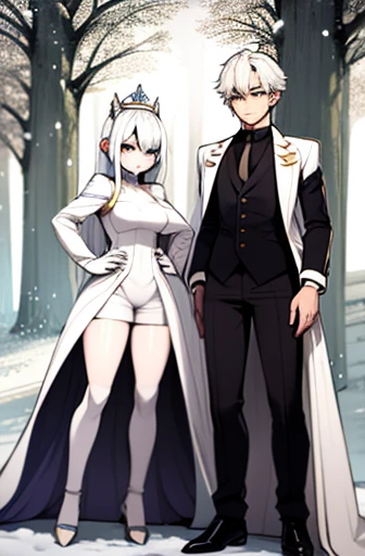 whilst exploring a snow covered forest, two people notice you, one is a proud, tall, cute, sexy, young queen, with white hair and small white horns, grey eyes, a white goat tail, wearing black metallic cyan trimmed armor, black crown with blue crystals, looks at you in sadness and joy, she clearly is very shy but glad to see you yet you can tell she knows you'll die soon. the other who is next to her is a smart, short, handsome male short scientist, looking at you in the same way, he has white hair, small white horns, and a white goat tail, wearing a white labcoat and Black formal shirt, black formal pants, and black formal ahoes. they are big sister and little brother. full body view, intricatedetails, the sister is 23, while the brother is 16.