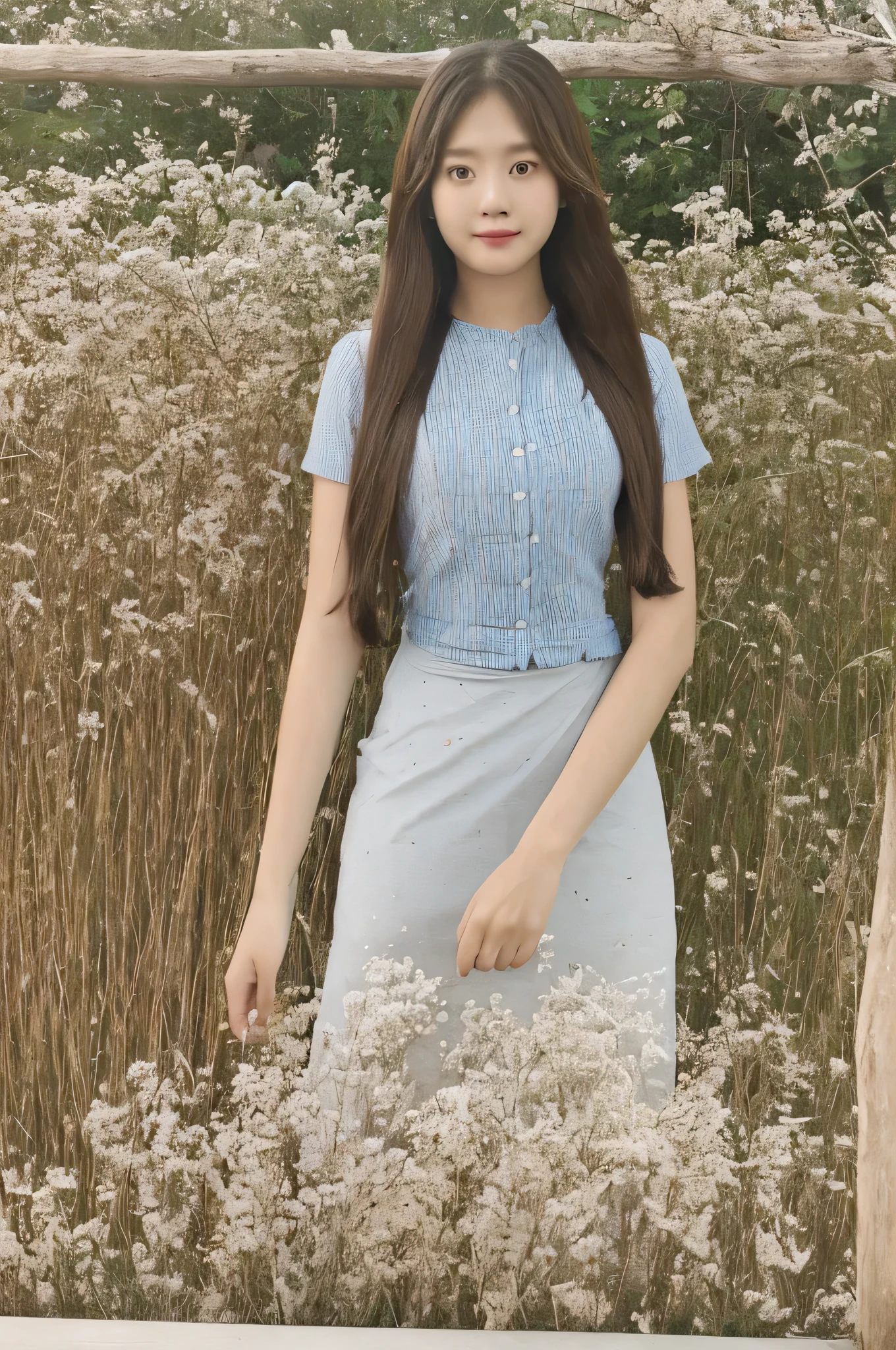 A very detailed illustration. best quality craft 1 girl long hair standing looking at the viewer; v sha pe face the sun A way of life, like appearance. acmm ss outfit, wearing acmm top, light purple acmm top, short sleeves, buttons, wearing acmm long skirt, white and pink with printed acmm long skirt