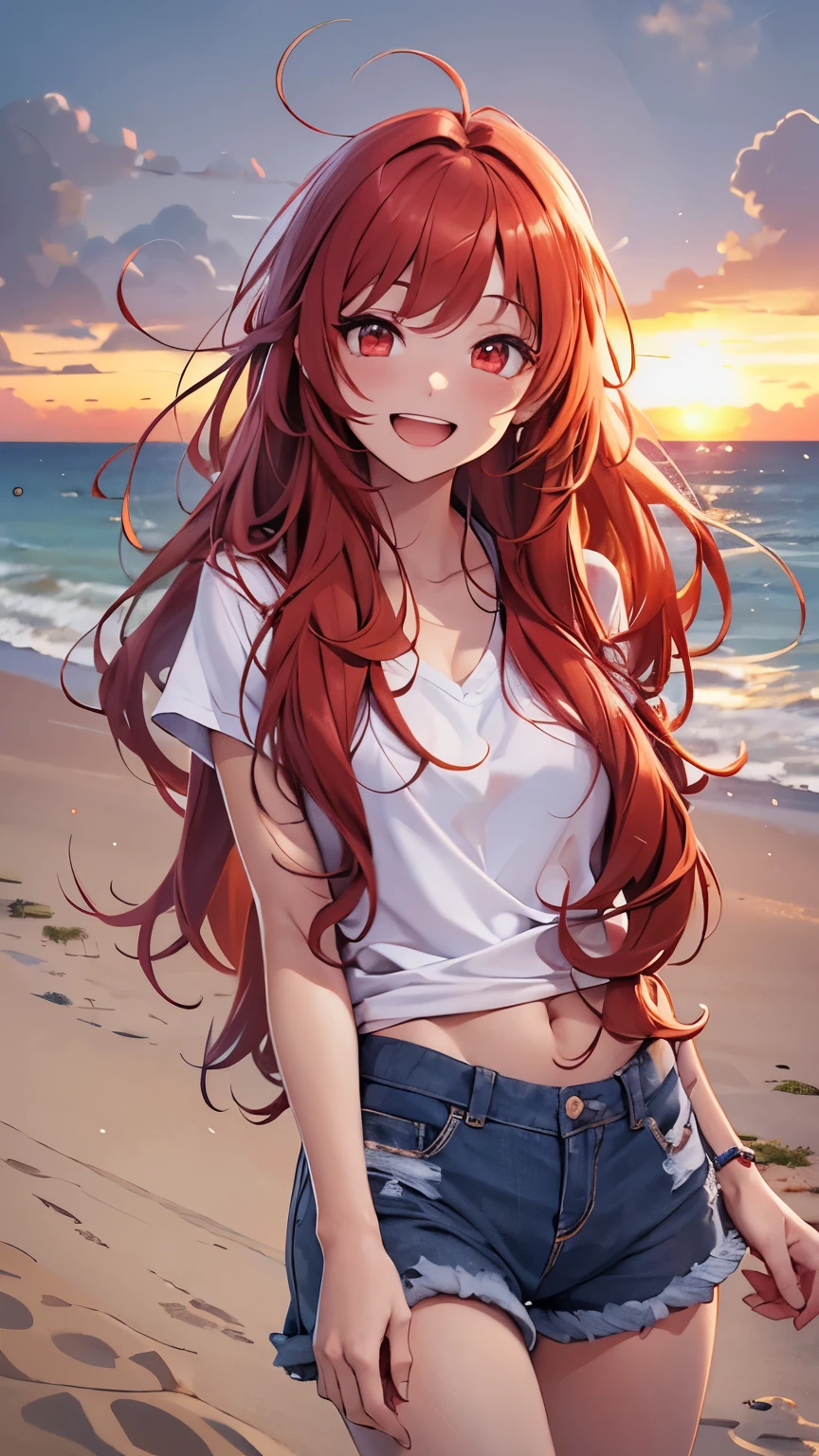 beach，seaside，Sunset，8k resolution，Long red hair，red eyes，of laughter，short sleeves，shorts