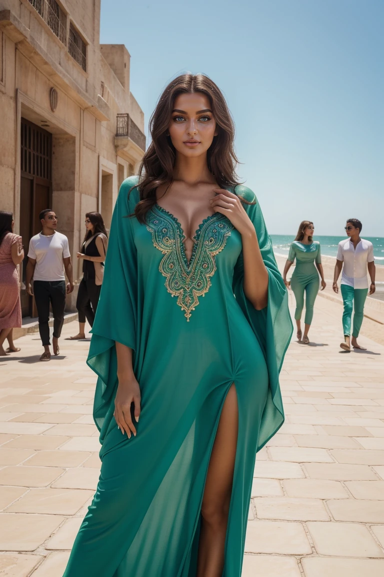 Instagram-Models posieren in corniche of Casablanca, in green futuristic kaftan, full entire body, beautiful detailed eyes, beautifully detailed lips, extremely detailed eyes and face, kurzes, welliges rosa Haar ((best qulaity)), ((Meisterwerk)), (detailliert), perfektes Gesicht, full entire body