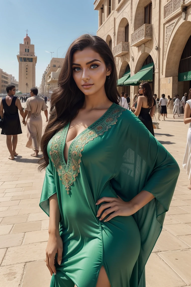 Instagram-Models posieren in corniche of Casablanca, in green futuristic kaftan, full entire body, beautiful detailed eyes, beautifully detailed lips, extremely detailed eyes and face, kurzes, welliges rosa Haar ((best qulaity)), ((Meisterwerk)), (detailliert), perfektes Gesicht, full entire body