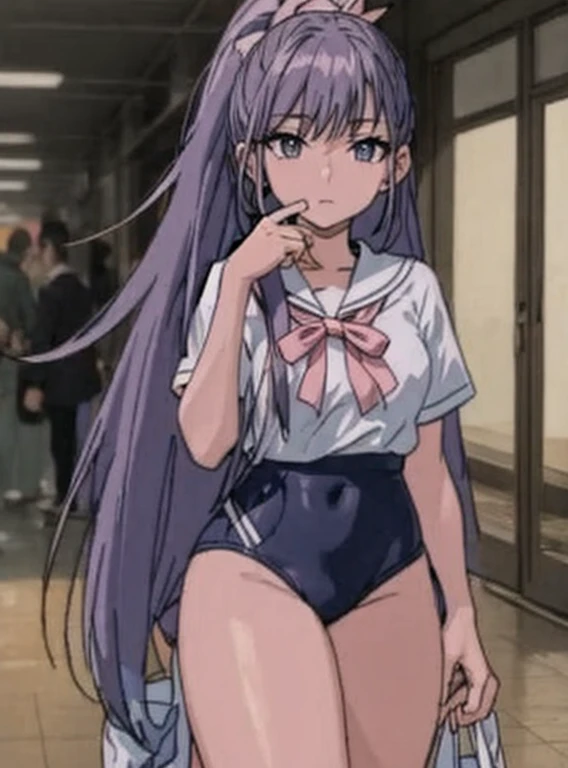 A beautiful woman with long wisteria purple hair in a ponytail that reaches to her shoulders and a light pink ribbon in the back, and a sharp face and beautiful legs, is wearing a white gym uniform.、I&#39;m standing in the school hallway wearing dark blue bloomers shaped like panties.。